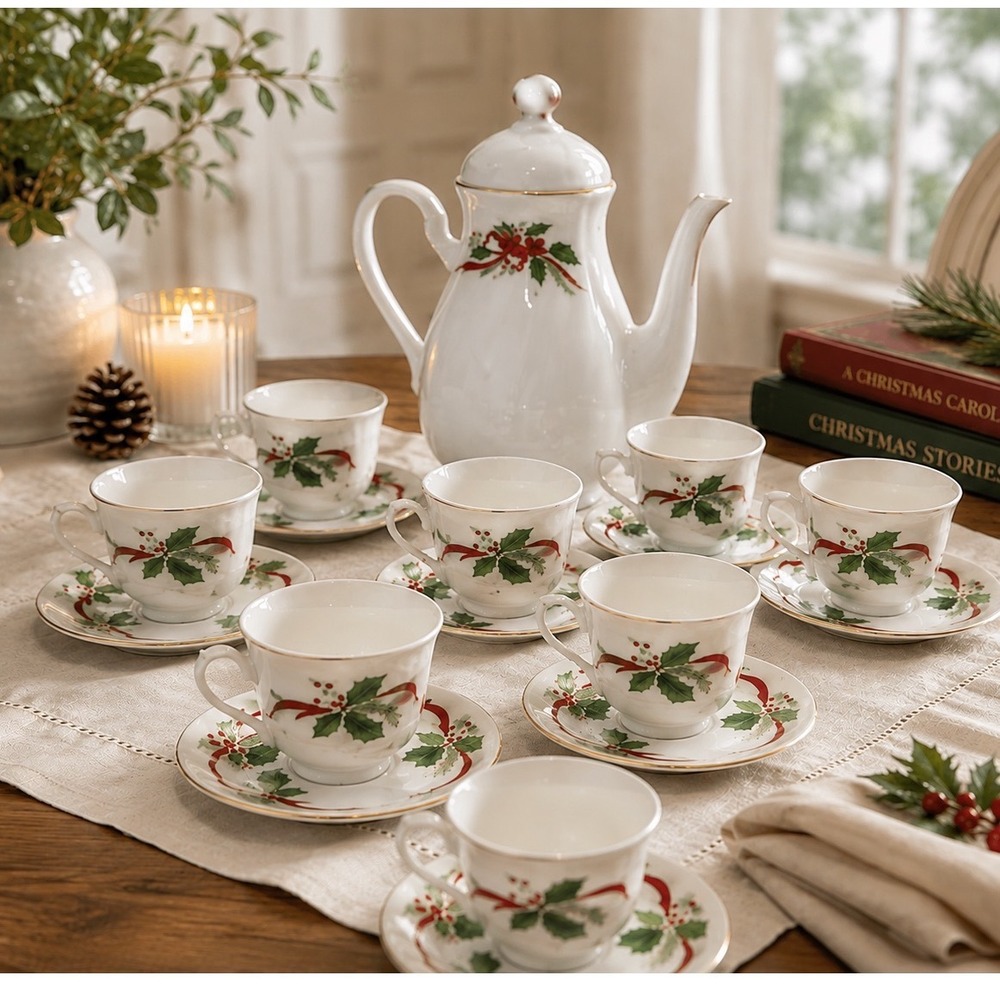 Victorian Holiday by Southington by Baum Brothers 17 Piece Saucer Teacup Teapot